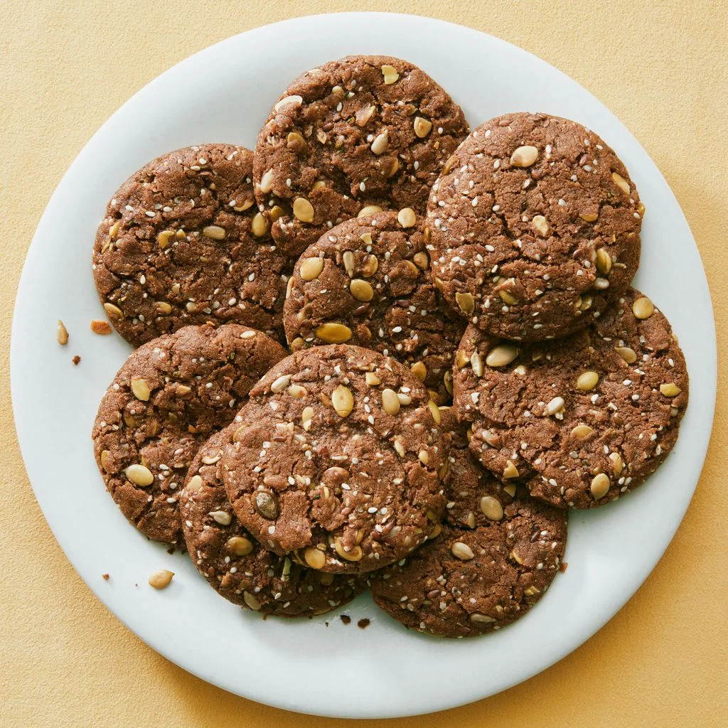 Grainfree almond butter cookies with sesame pepitas sunflower seeds hemp seeds and flax seeds on a plate.